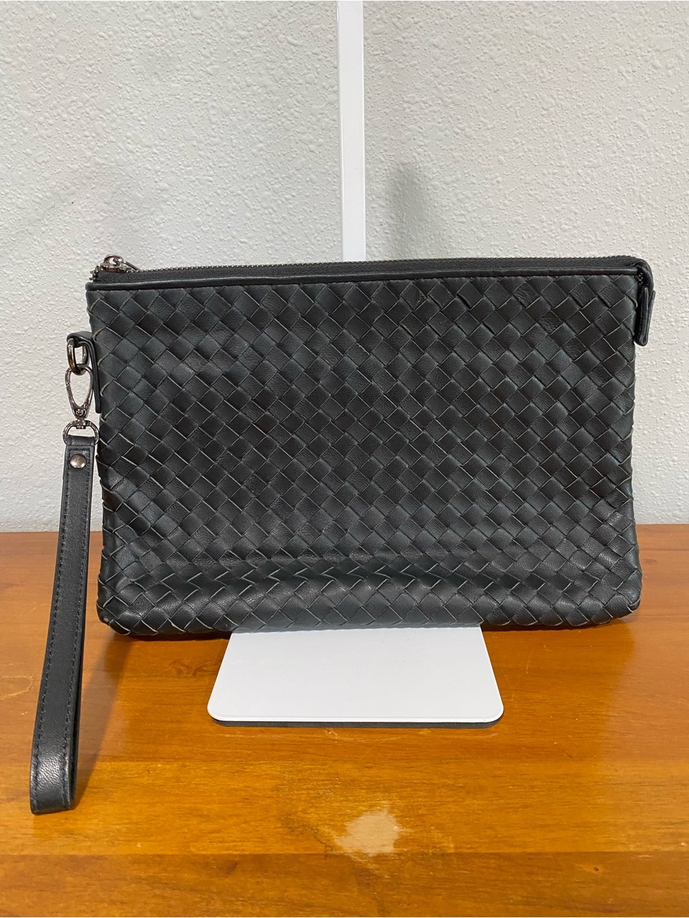 Woven Leather Wristlet Clutch - Black